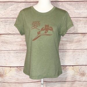 L.O.L Olive Green Asian Print Short Sleeve Shirt Size L